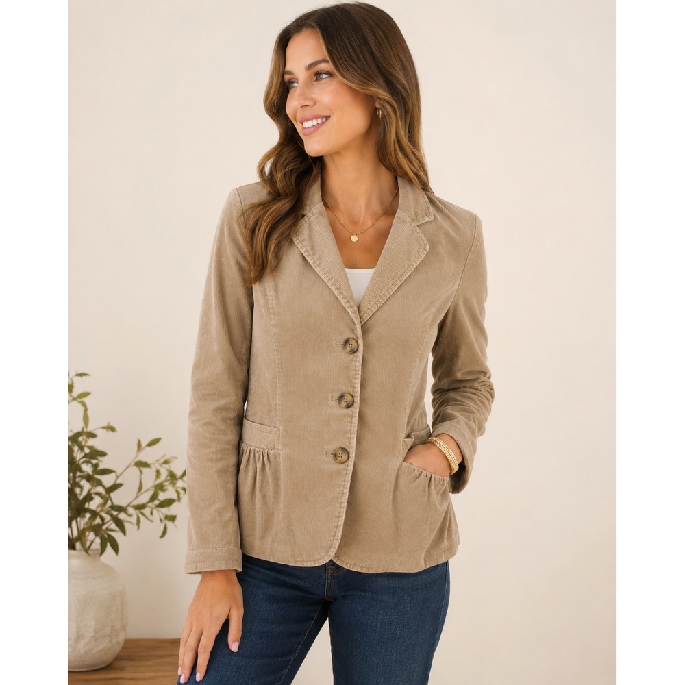 Talbots Tan Corduroy Peplum Blazer Jacket Womens 8 Brown Cotton Stretch 3-Button